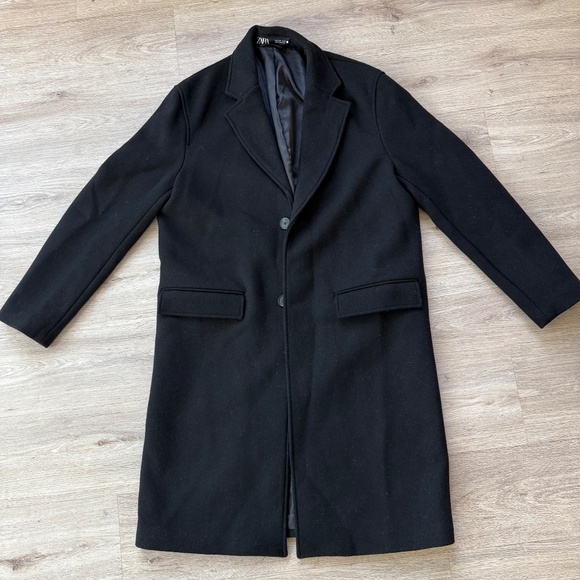 NEW ZARA MAN WOOL BLEND LONG TRENCH COAT BLACK 42 LARGE - Picture 5 of 7